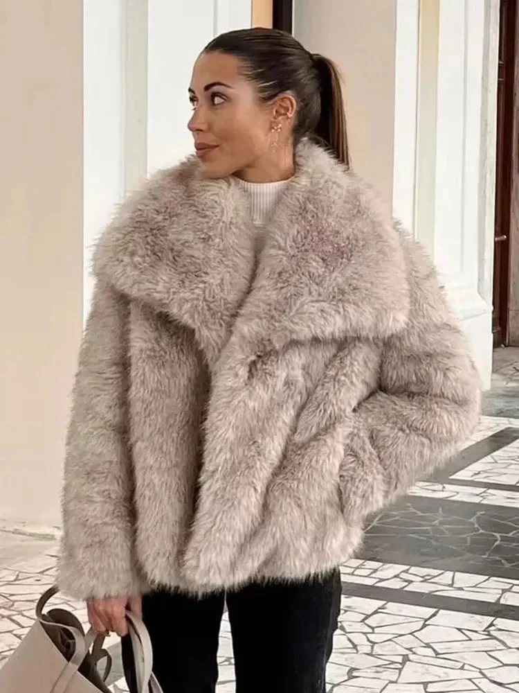 HH TRAF Women Fashion Faux Fur Loose Jacket Elegant Long Sleeve Plush Open Front Coat Oversize Female Casual Lapel Outerwear