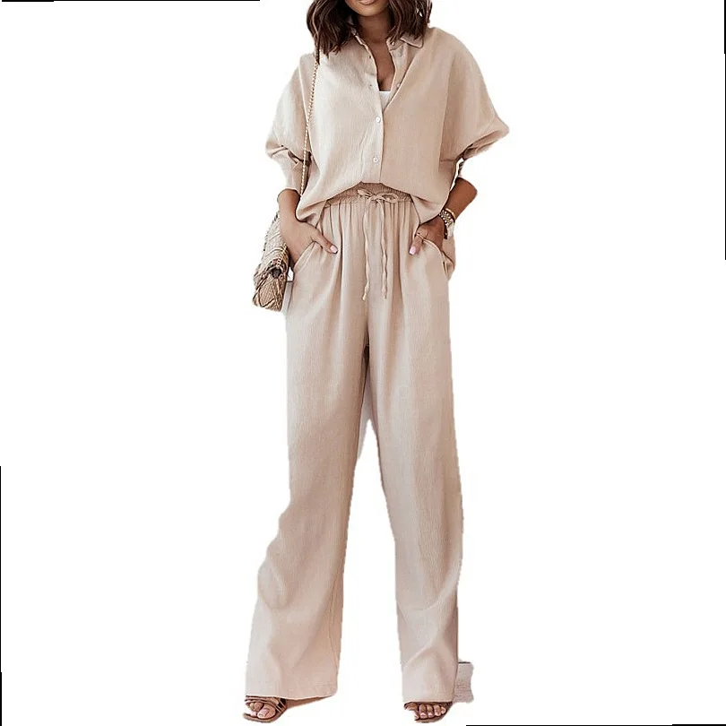 Fashion Pure Color Notched Collar Blouse High Waist Trousers Two Piece Matching Set Spring Summer Women Jumpsuit