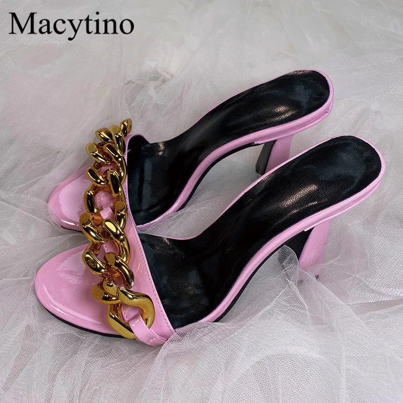 Metal Chain Decoration Ladies High Heel Slippers Round Toe Monster Heel High Heel Sandals Fashion Party High Heel Slippers