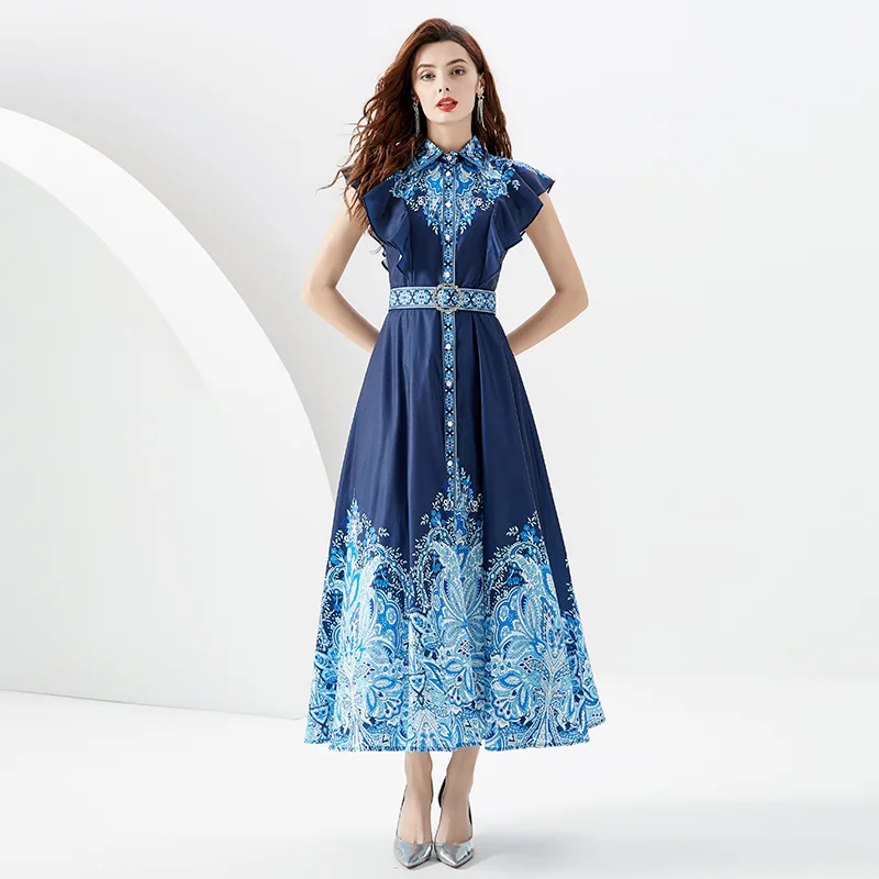 

Women'S Summer Print Floral Vintage Robe Long Dress Stand Neck Short Sleeve Single Breasted Dress Elegant Evening Party Dresses