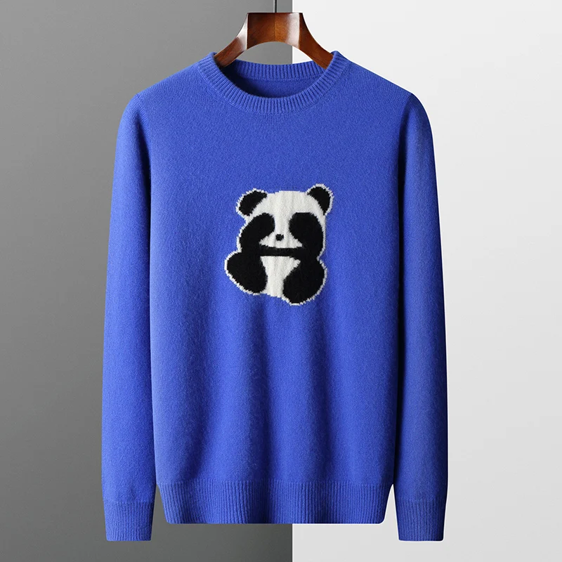 100% Pure Wool Embroidery Panda Sweater Men's Crewneck Knitted Pullover Fashion Loose Thicken Tops Autumn Winter Warm Base Shirt