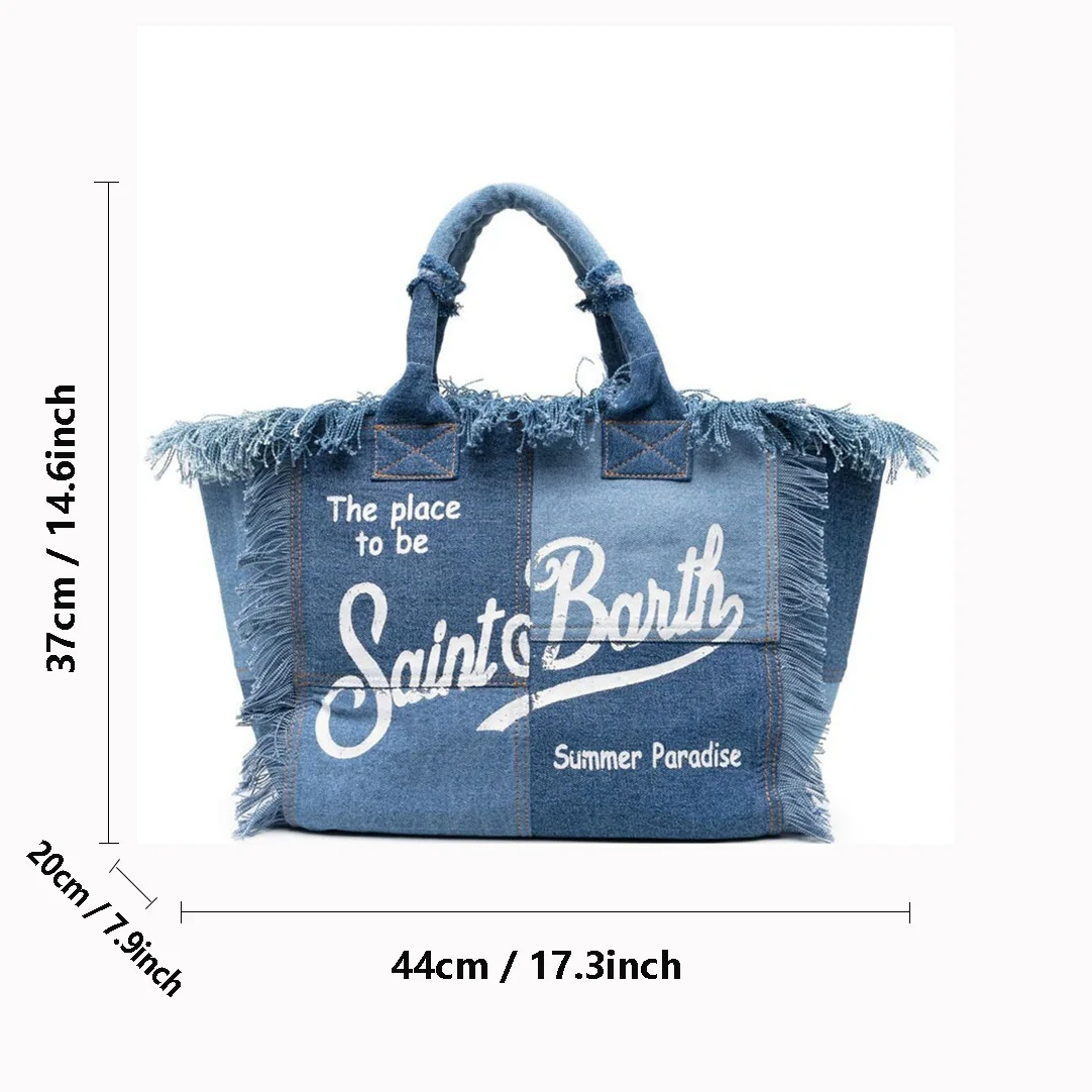 Sacola jeans de alta capacidade para mulheres, bolsa artesanal de borla, moda impressa sacos para viagens, Europa e América, nova