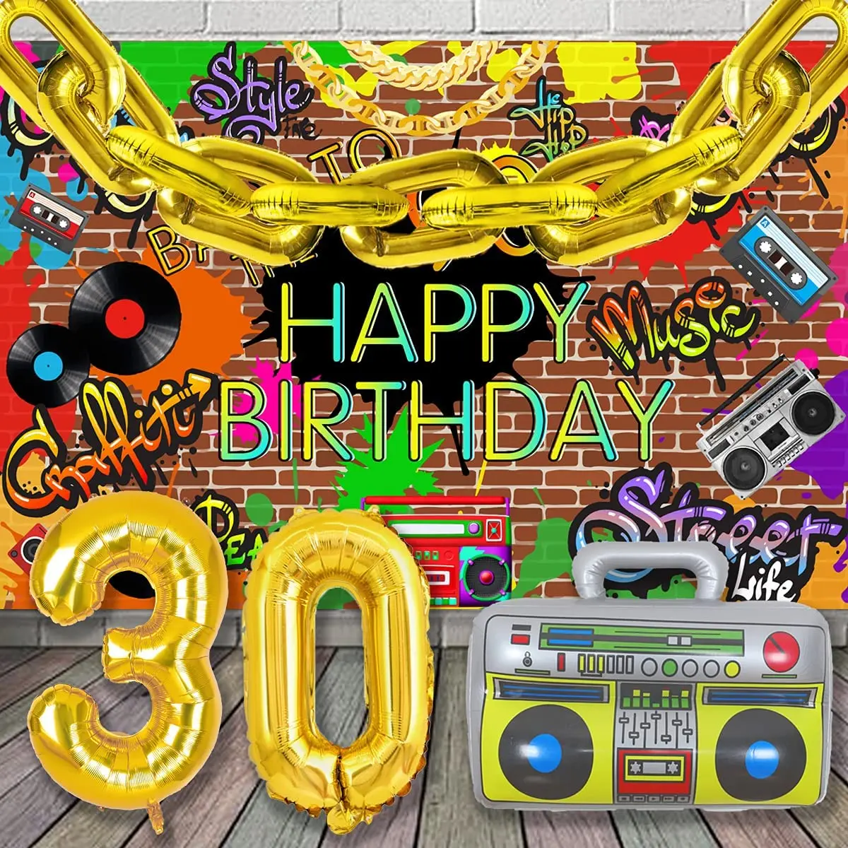 

Hip Pop 30th Birthday Decorations Back To The 90s Backdrop Gold Chain Balloons Garland for 1990s Hip Pop Thirty Birthday Party