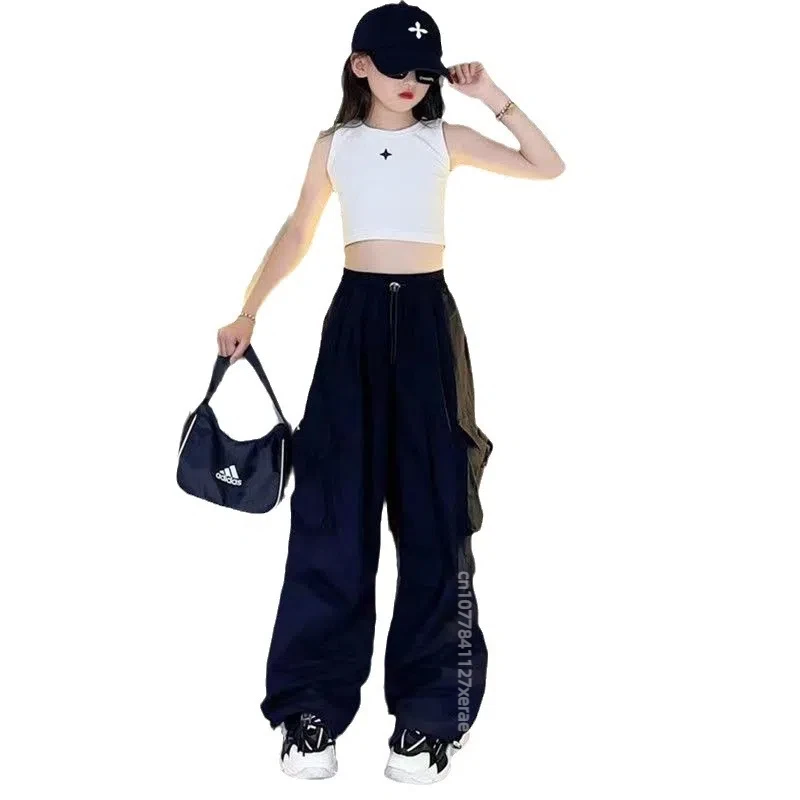 2025 남아 여아 스트릿 댄스 힙합 스타일 작업 바지 여름 중대형 아동 캐주얼 루즈핏 밴딩 바지