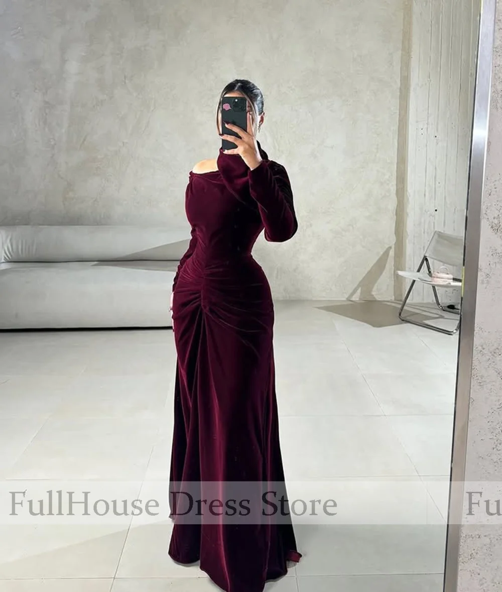 مناسبة مخصصة خمر الرقبة العالية كم طويل المخملية غمد مثير ثوب مسائي مطوي الطابق طول فستان عربي سعودي مع المحكمة
