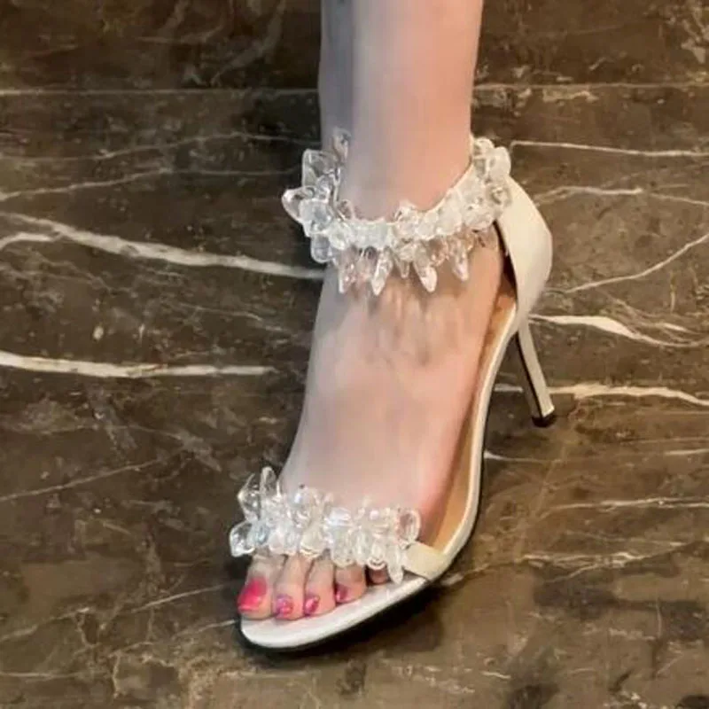 White Clear Crystal Rhinestone Ankle Strap Sandals Round Open Toe Cover Heel Back Zip 8 10 CM One Line High Heel Wedding Shoes