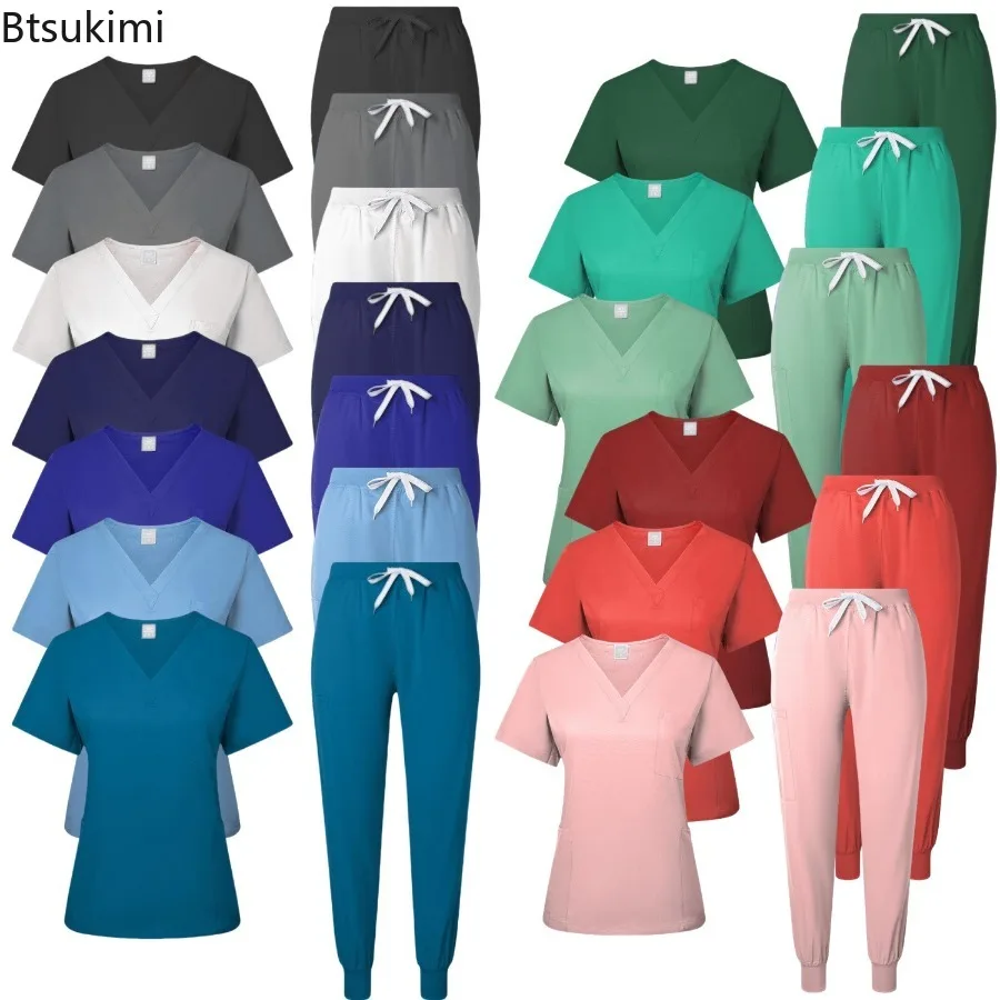 Nurse Uniforms Woman Short Sleeve V Neck Top Scrubs Jogger Pants Medical Scrubs Set Women Summer Casual Uniformes Clinicos Suit