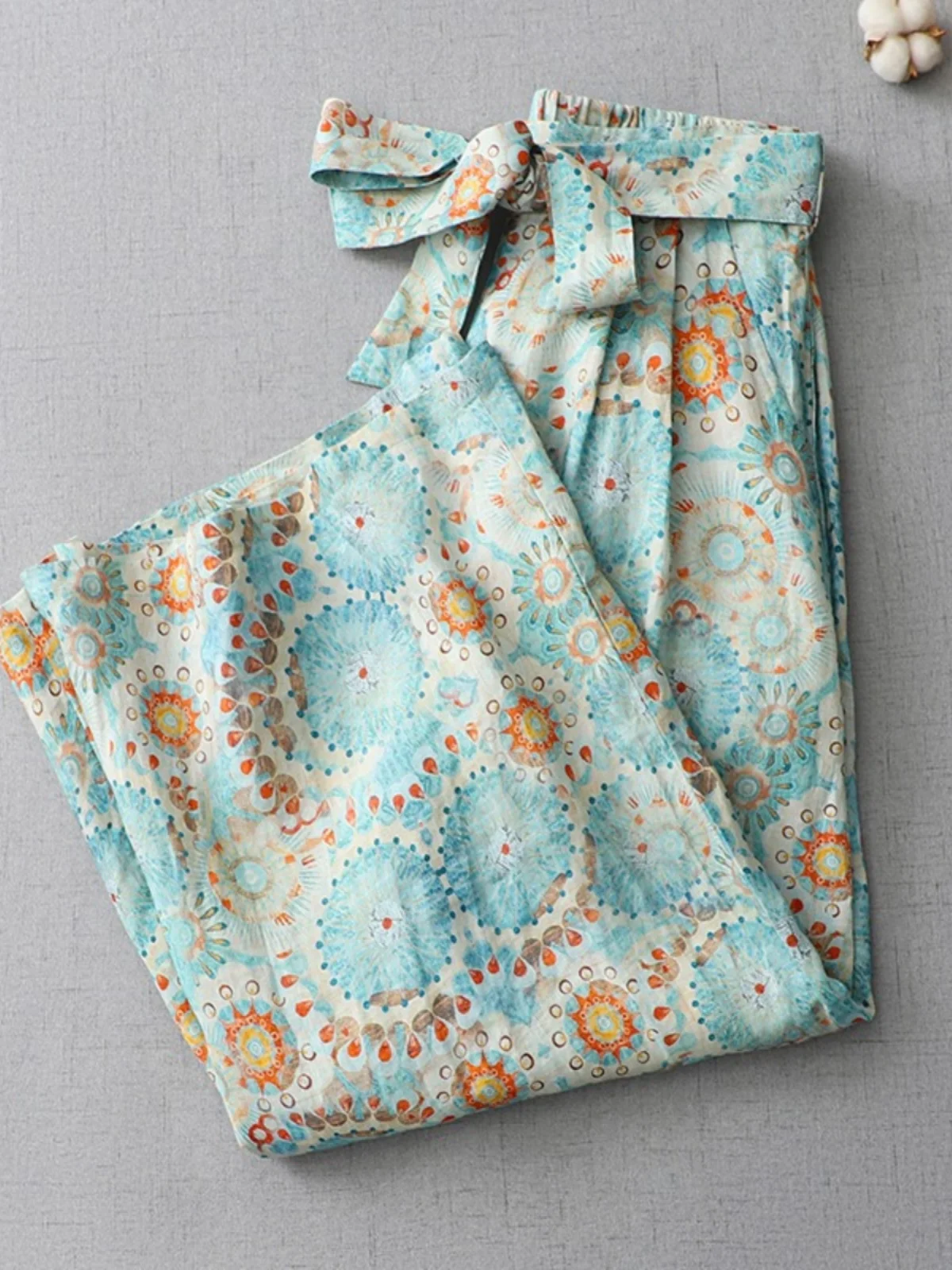 

Женские летние тонкие свободные брюки-палаццо из хлопка и льна с ретро-принтом, с высокой талией, с поясом, повседневные, длиной 7/8, в стиле юбка-брюки