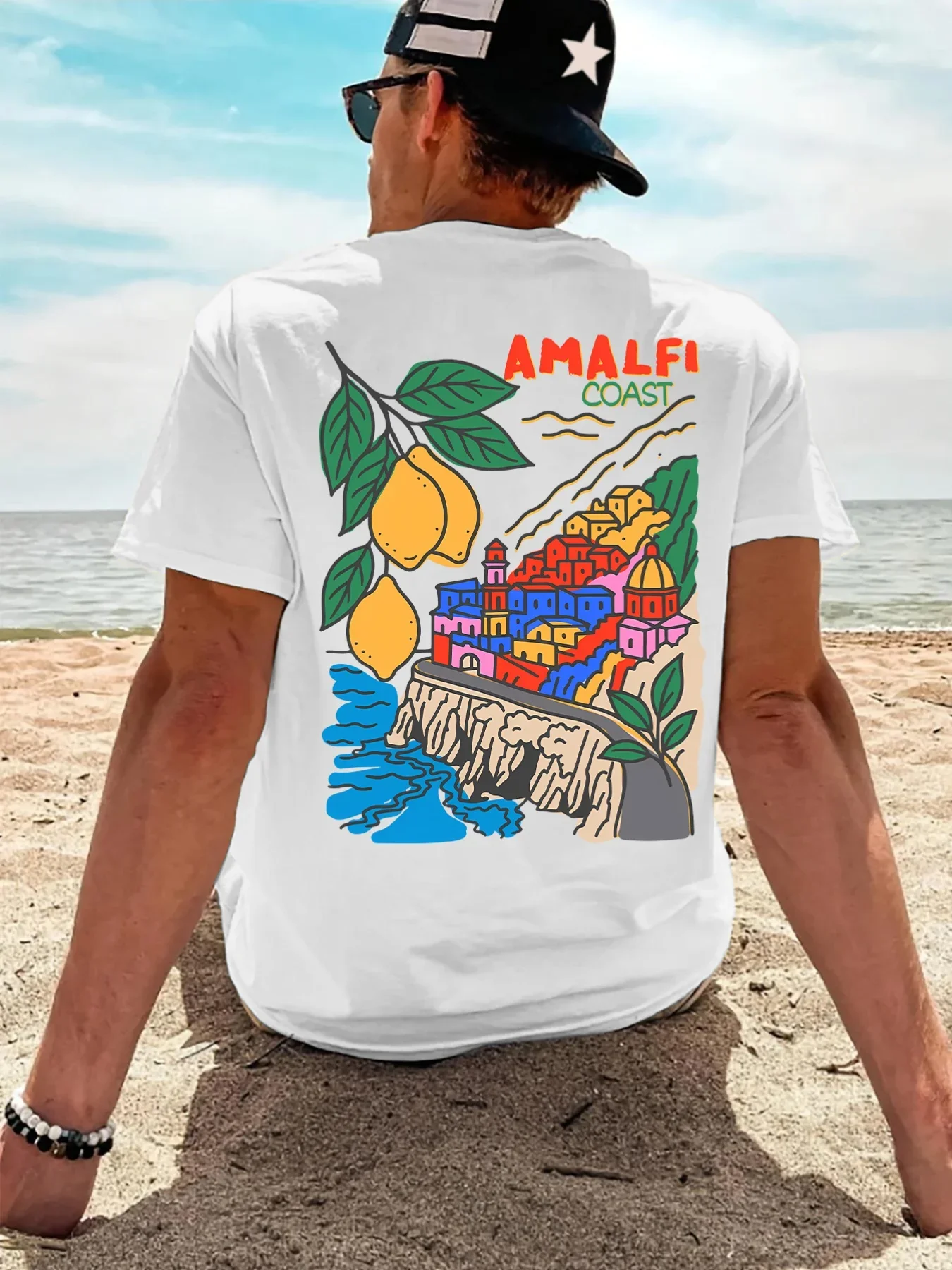 Plus Size Men's 100% Cotton T-Shirt, Mediterranean Scenery Travel Souvenir Summer Crew Neck Casual Top