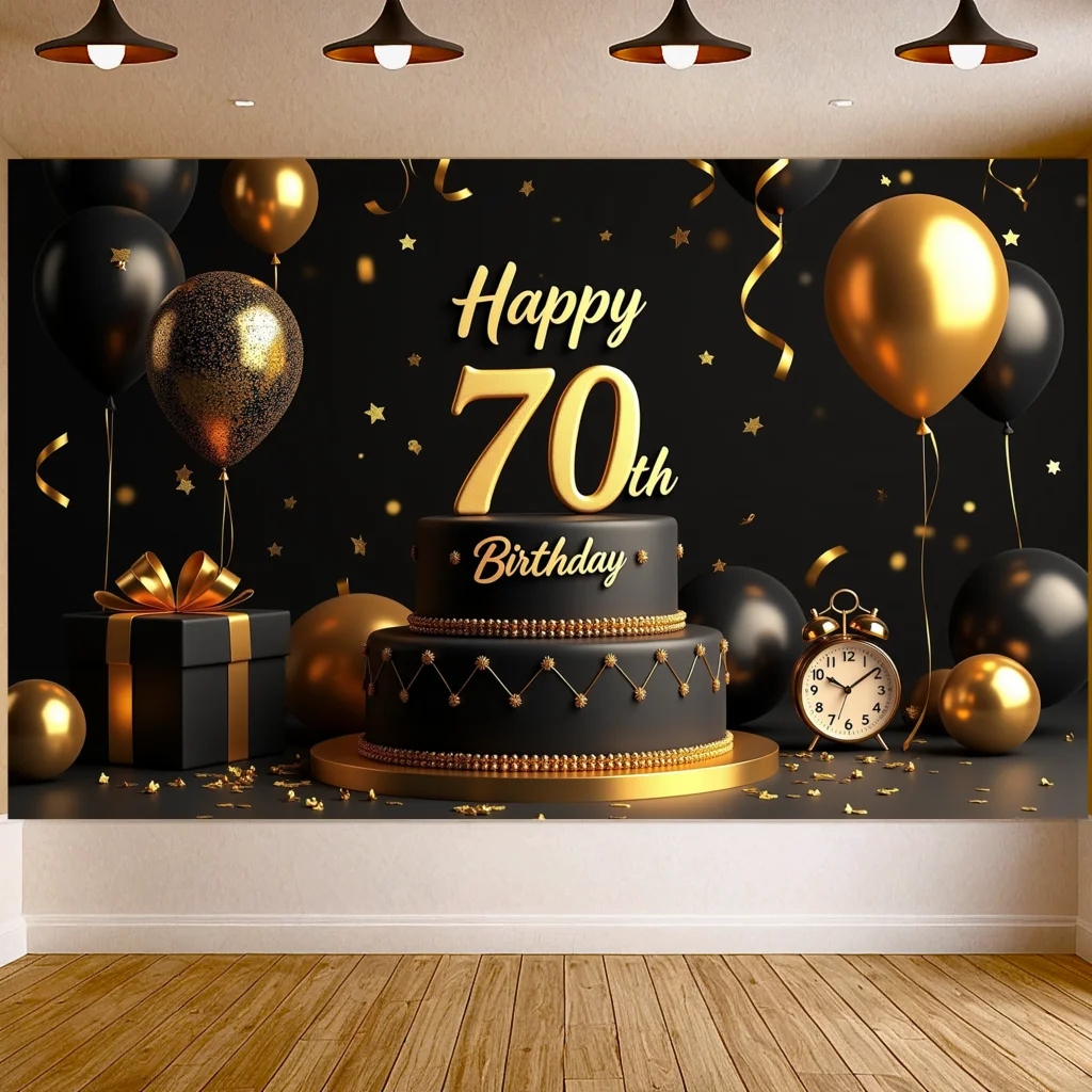 Happy 70th Birthday Banner Backdrop Fireworks Cake Balloons Sparkle Celebration Decor Birthday Party Supplies Photography Props