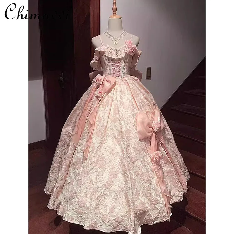 

Pink Lolita Flower Wedding Gorgeous Wedding Dress Summer New Sweet Fairy High Waist Princess Heavy Industry Lo Dress Female