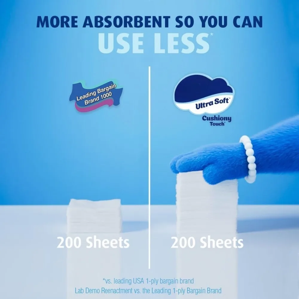 ورق تواليت فائق النعومة يعمل باللمس، 18 لفة ميجا عائلية = 90 لفة عادية