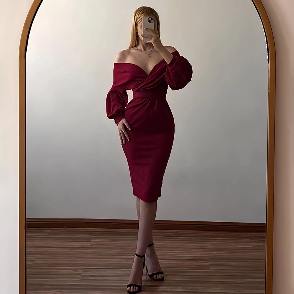 

Cocktail Dress Off the Shoulder Long Sleeves Short Cocktail Gown for Woman 2024 Burgundy V Neck Knee Length Evening Party Dress