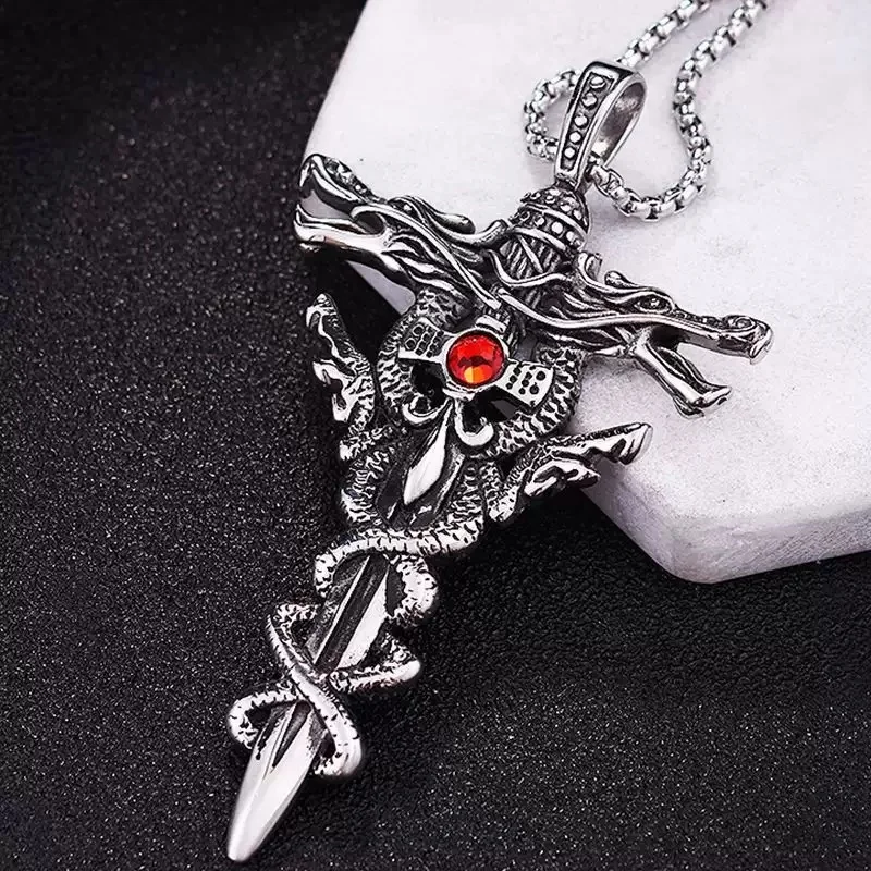 Punk Fashion Titanium Steel Necklace for Men Alloy Double Dragon Sword Pendant Choker Ring Vintage Evil Eye Cross Jewelry Gift image 3