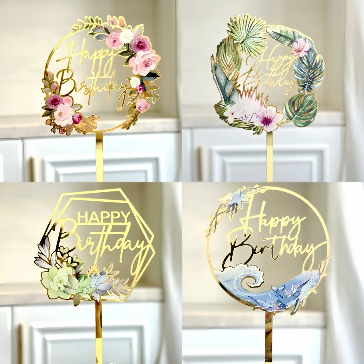 INS Color Printing Waves Happy Birthday Party Cake Toppers Golden Flowers Birthday Cake Toppers for Kids Birthday Party