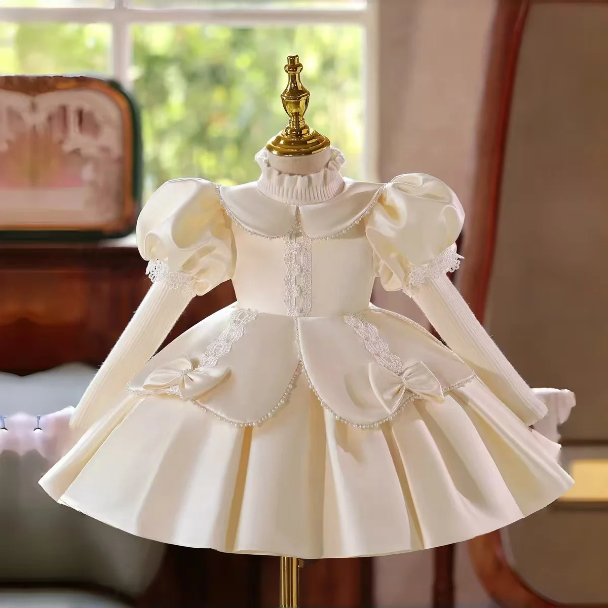 جيل ويش J406 ساتان عاجي بأكمام منتفخة فستان فتاة الزهور للأطفال ثوب مسائي أنيق لحفلات الزفاف وأعياد الميلاد