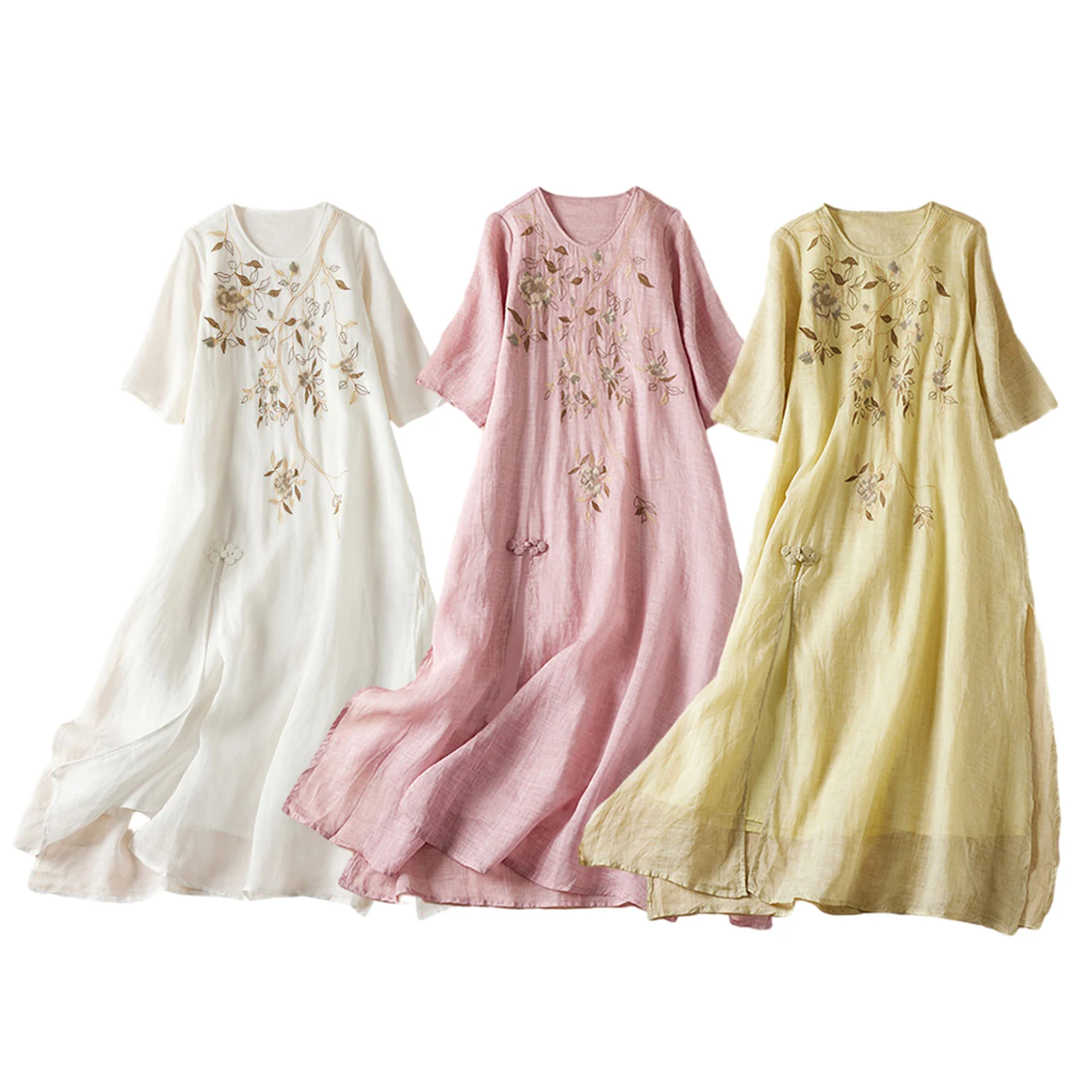 花柄の刺繍入りビーチドレス,半袖,ラウンドカラー,コットンとリネン,自由奔放に生きるスタイル,夏