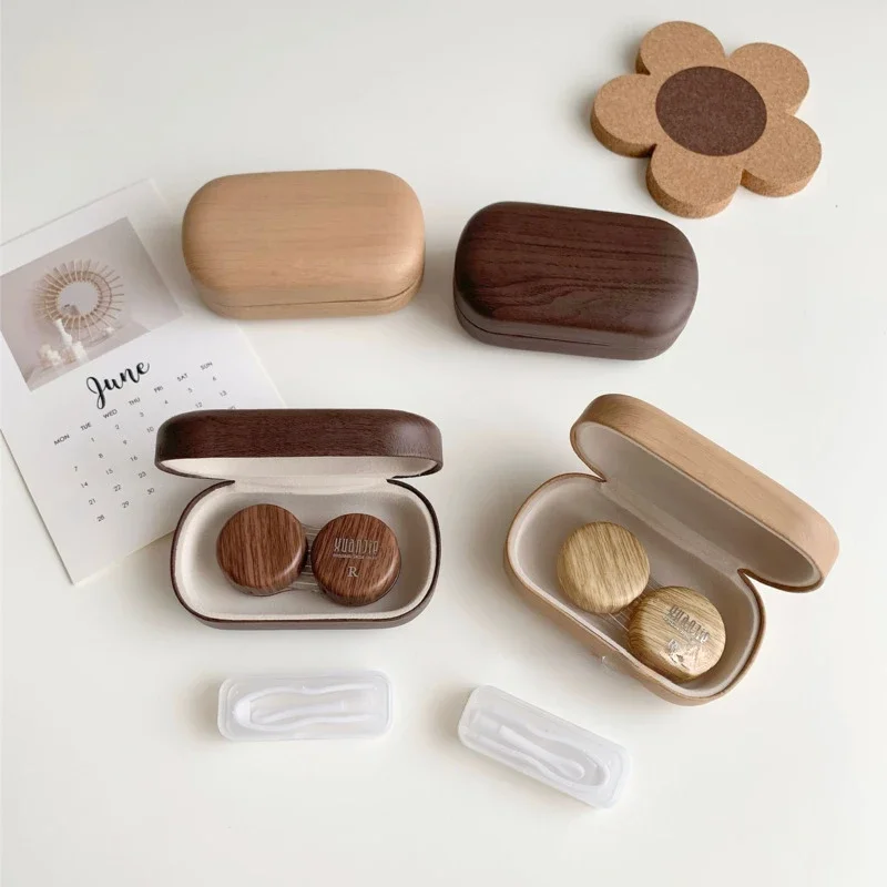 Vintage Glasses & Contact Lenses Case: Leather Wood Grain Organizer Simple Solid Color Leak-proof Eye Beauty Jewelry Box.