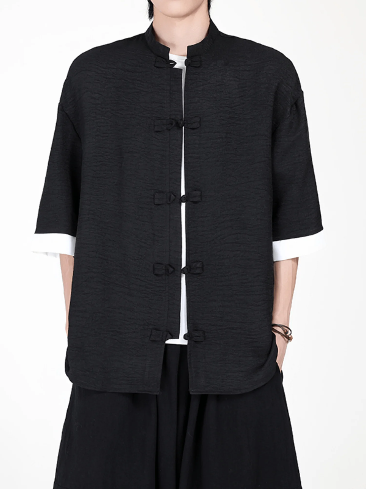 

Loose Ice Silk Casual ort Sve Men's T-irt Anti-Wrinkle Summer New Sle Tang Costume Hanfu Thin Five-Arm irt for Youth