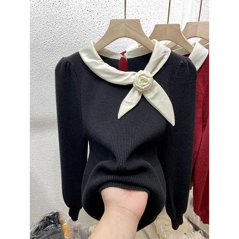 Popular Tie Tied Bow Knit Sweater for Women Stylish Slim Fit Base Sweater Bubble Long Sleeved Top