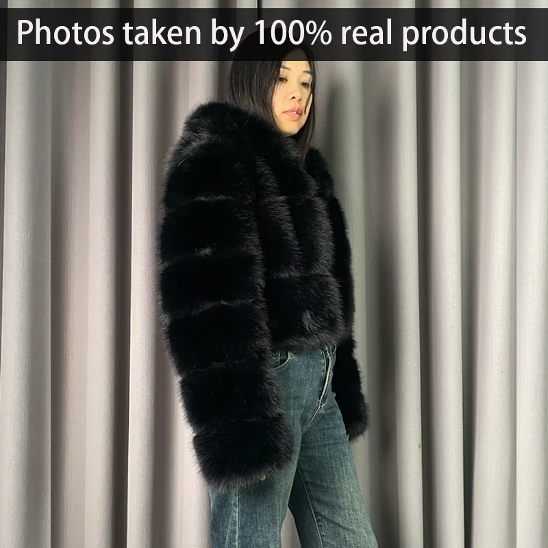 Chaqueta de piel de zorro Artificial para mujer, abrigo corto con capucha, de alta calidad, color negro, cálido para invierno