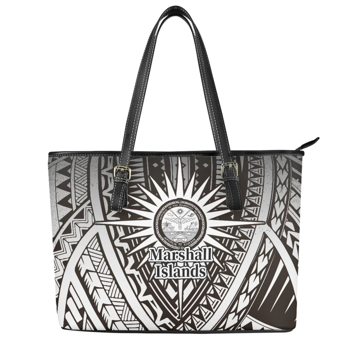 Black pattern Polynesia Handbags Marshall Island Tote Bag 2023 Design Handle Leather Zipper Storage Shoulder Bolsas Para Mujeres