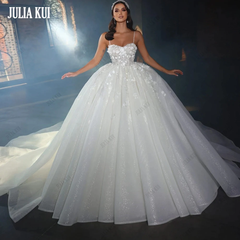 Julia Kui Gorgeous Ball Gown Wedding Dresses With Glitter Skirt Sleeveless With Spaghetti Straps 3D Flowers