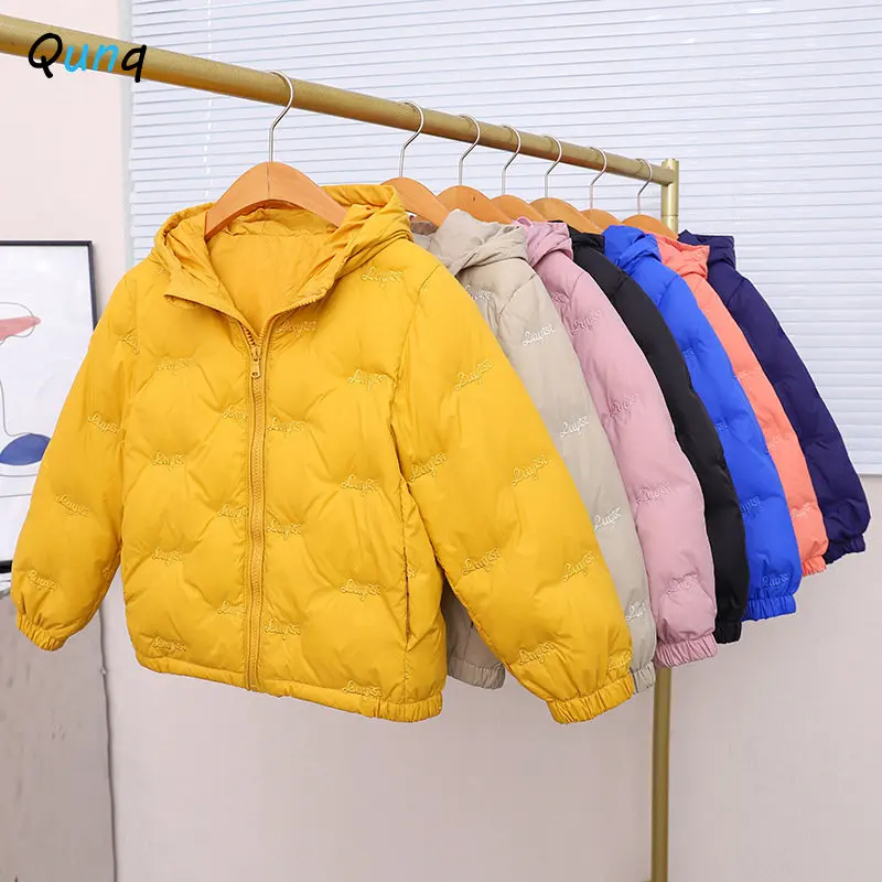 

Qunq Winter Boys And Girls Thicken Keep Warm Solid Print Long Sleeve Hooded Zipper Down Jacket Casual Kids Clouthes Age 3T-8T