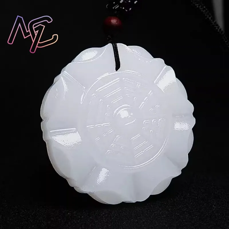 Jade Yuanbao Bagua Necklace Pendant White Natural Jadeite Charm Jewellery Fashion Accessories Hand Carved Luck Amulet Gifts