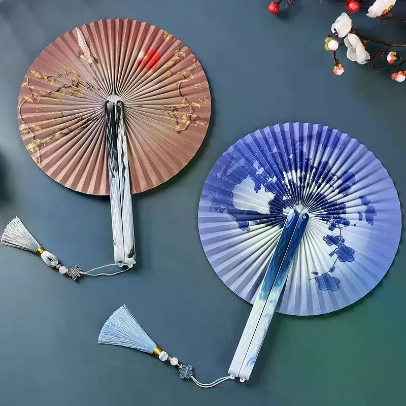 New Foldable Purple Round Hand Fan Floral Butterfly Print Tassel For Summer Cosplay Outdoor Use
