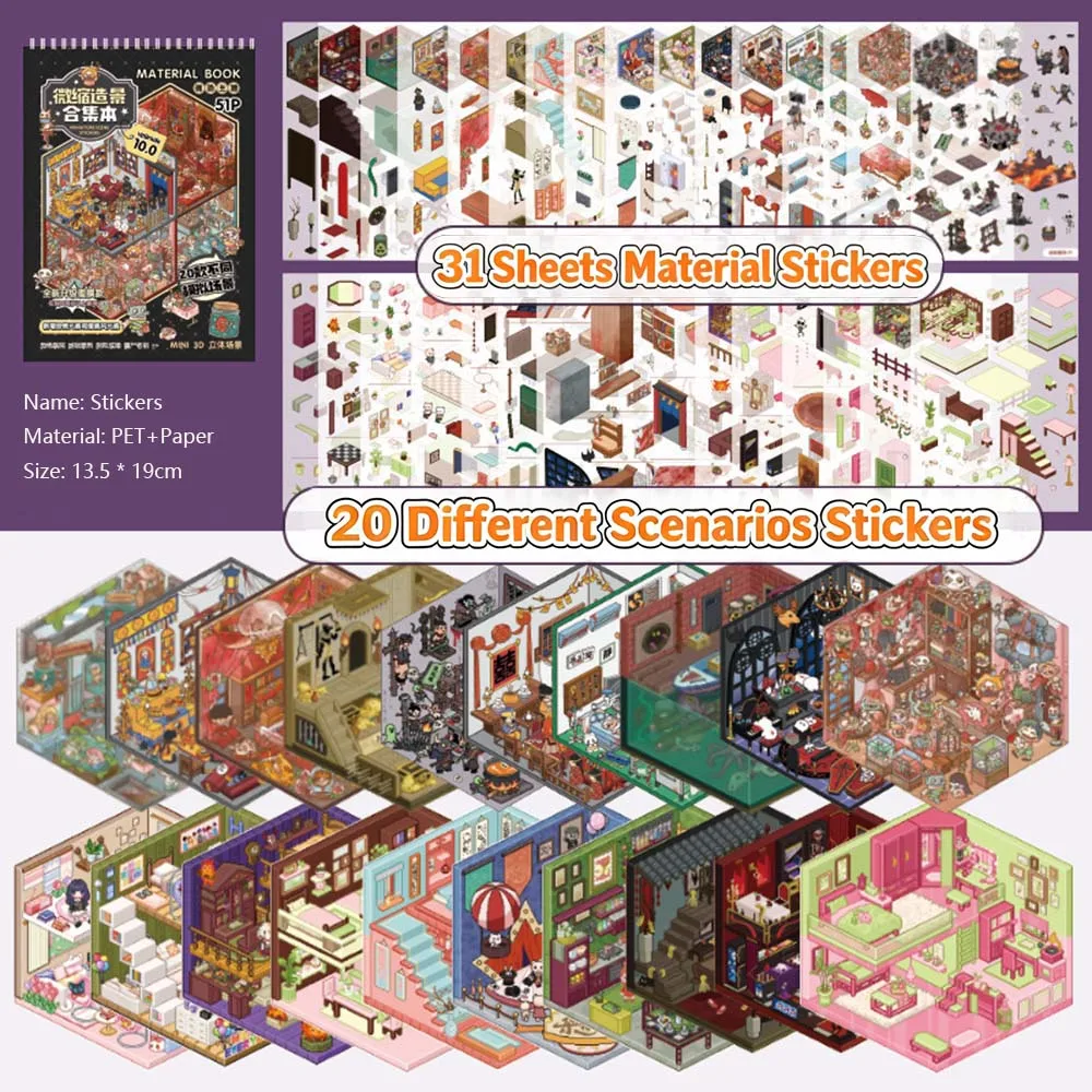 Kawaii 3D Cute Cartoon Animals Miniature Scene Visual Stacking Sticker Book DIY Scenes Creative DIY Stickers Stress Relief Gift