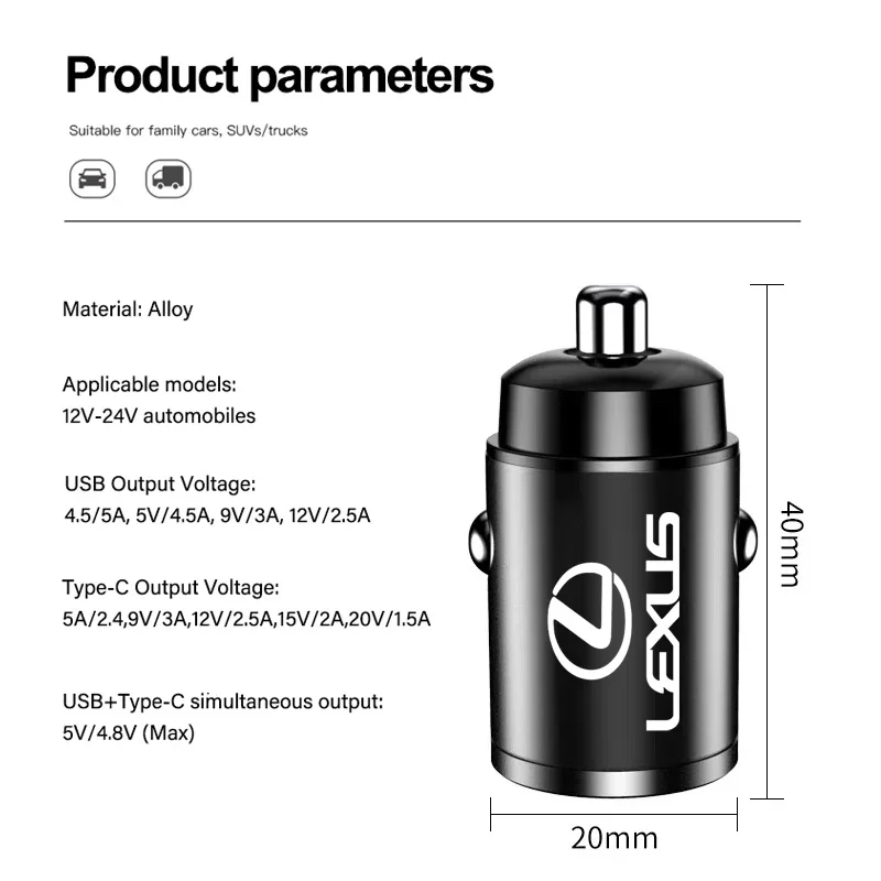 Car Fast Charger USB Type-C Ports Power Adapter Accessories For Lexus ES IS250 ES300 CT200h GX460 LX570 RX500h NX300 ES200 IS300