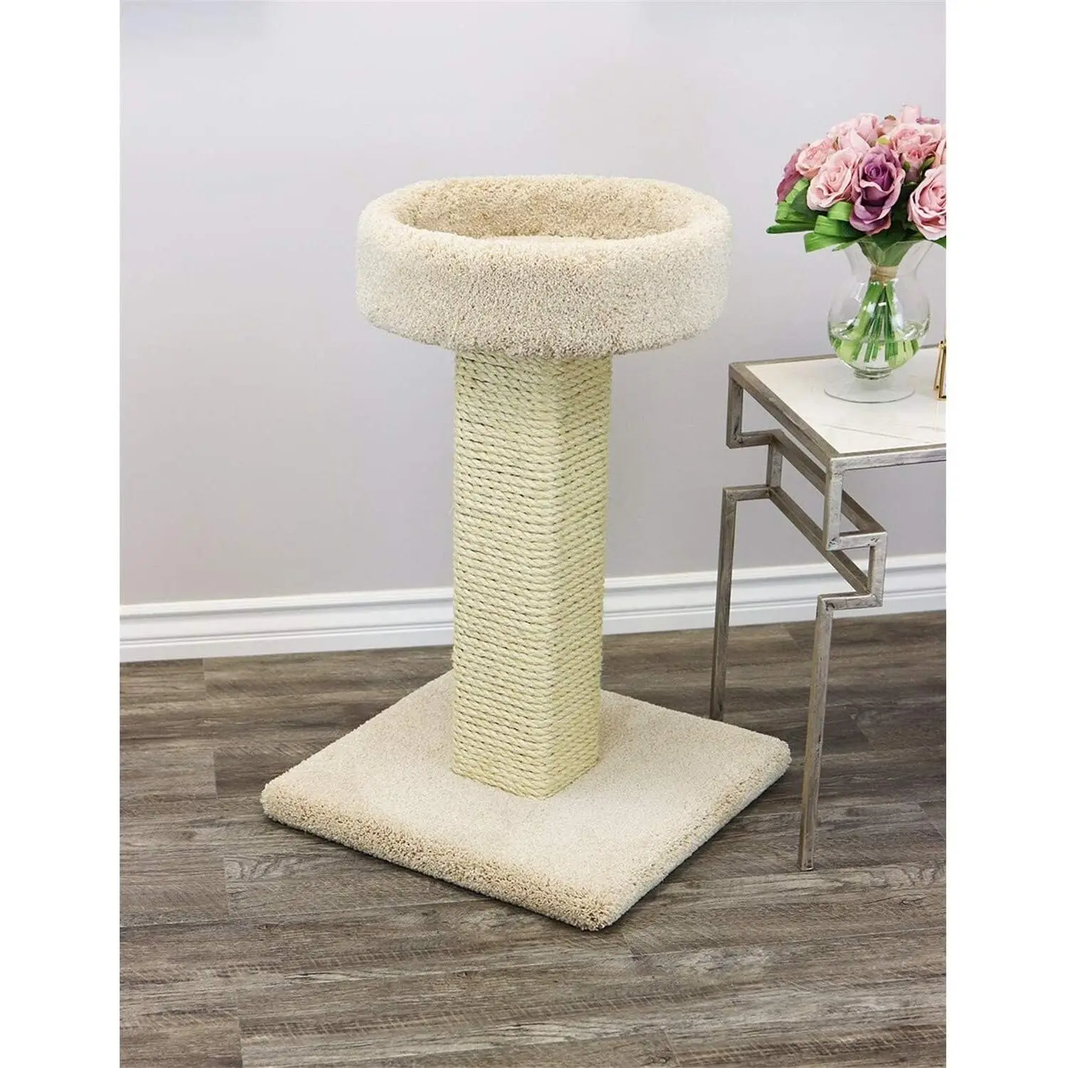 Elevated Cat Bed Scratch Post with Plush Carpet & Sisal, Compact Sleep & Play Furniture for Cats, Light Tan, Customized