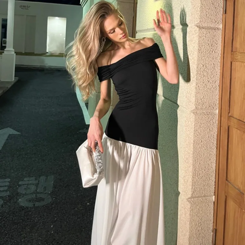 

Talenza Elegant Off-Shoulder Maxi Dress Women's Fashion Contrast Patchwork Sleeveless Dress Summer Luxury Women's Casual Dress