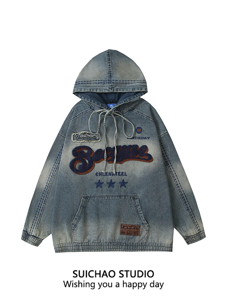 

Мужская толстовка Suichao в американском ретро-стиле с вышивкой букв, джинсовая, винтажная, повседневная, из хлопка и полиэстера