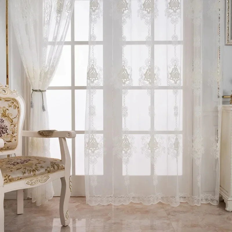 

European Curtains for Dining Room Bedroom Style Light Luxury tulle Curtain Embroidered White Window Screen Lace Tulle Curtain