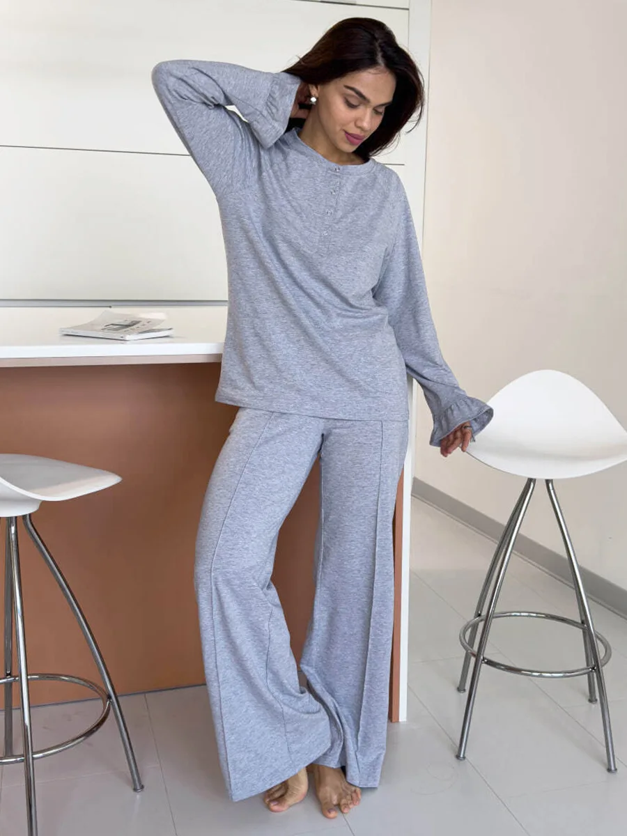 

Muzuleva Women's 2026 Spring Autumn New Long Pants Pajama Set Comfortable Home Round Neck Flared Sleeve Loungewear Two-Piece