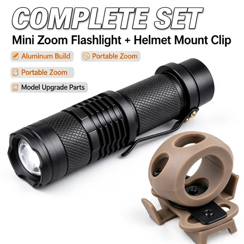 Helmet Mountable Light Fasten Clip, Focus Adjustable Aluminum Mini Torch, Handheld Lamp for Outdoor Roleplay Simulation Hobby