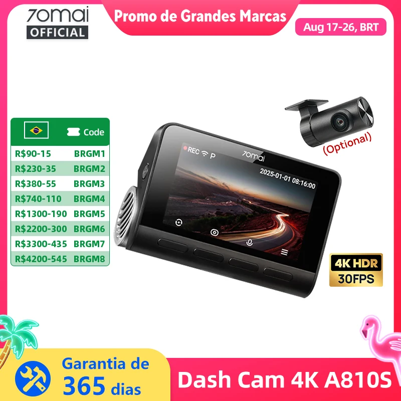 Câmera Veicular 70mai A810S Frontal 4K Traseira 1080P com Suporte para Módulo 4G, GPS e ADAS, Visão Noturna, Supercapacitor, DVR Automotivo 70mai A810S
