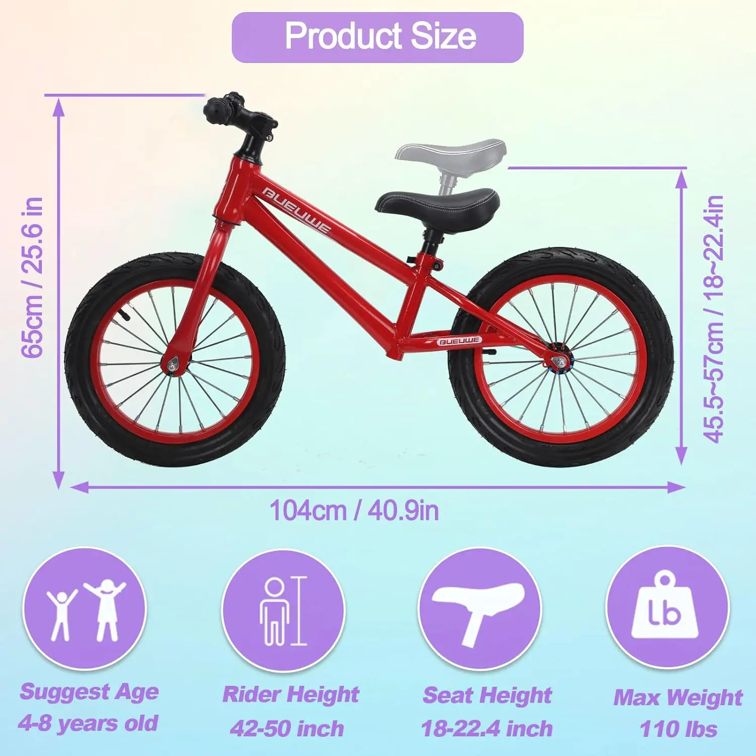 Bicicleta de equilíbrio de 16 polegadas para crianças grandes de 4 a 8 anos, sem pedal, bicicleta de treinamento esportivo, assento ajustável, pneumática
