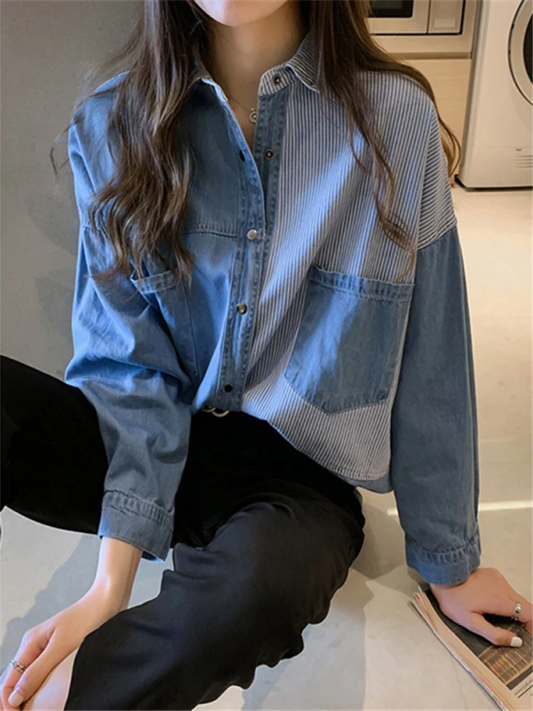 Women\'s Denim Shirt Long Sleeve Cotton Fashion Shirts Casual Korean Loose Blouse 2023 Spring Autumn Blouses And Tops Female