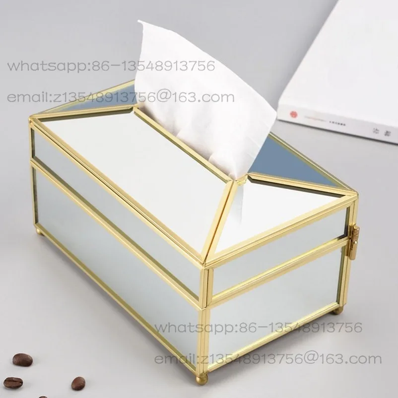 北欧風ガラスティッシュボックス、金真鍮縁飾り、家庭用リビングルームコーヒーテーブルミラーライト高級ペーパーボックス
