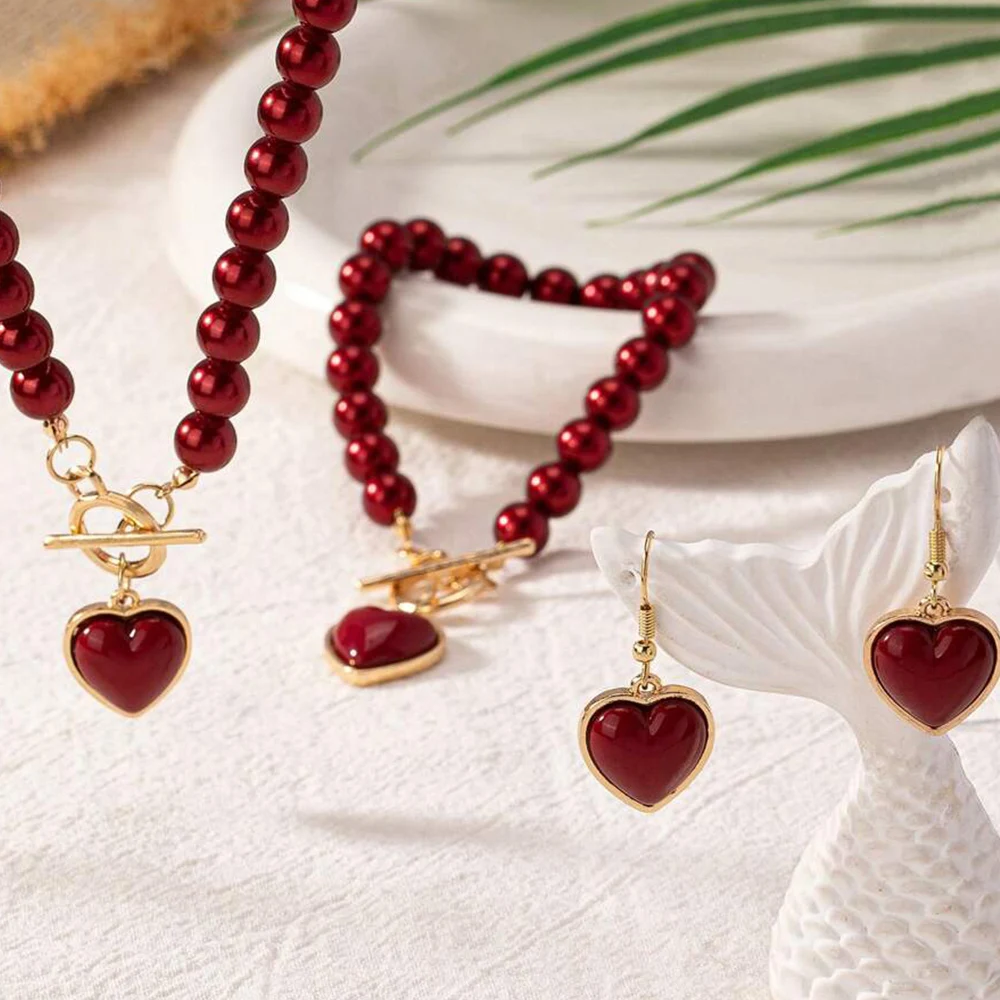 3 PCS Set Pearl Effected Rose Charm Imitation Pearl Necklace Bracelet Earring Stud Set Heart Pendant Necklace Jewelry Set Gift image 6