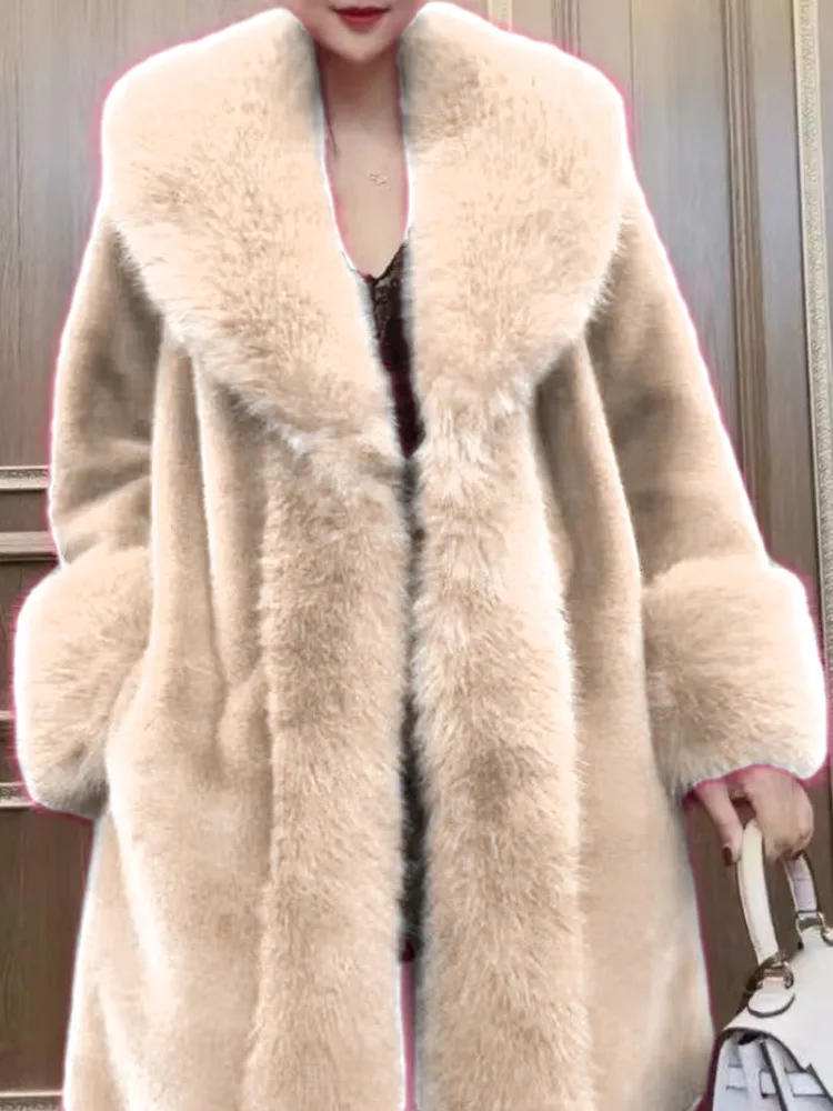 ZMEENNA Womens Long Faux Fur Coat Oversized Collar Trim Cuff Warm Winter Outerwear Elegant Full Sleeve Jacket Black ZM4466