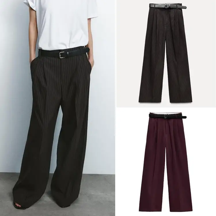 

Модные женские брюки с высокой талией и поясом, двойные плиссированные брюки, Новое весеннее поступление, уличные прямые повседневные брюки