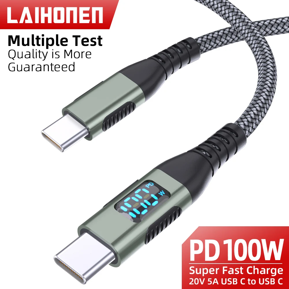 100 واط USB C إلى USB C كابل نوع C PD 5A FastCharging لشاشة LED النايلون مضفر شاحن الحبل آيفون 16 15 ماك بوك باد