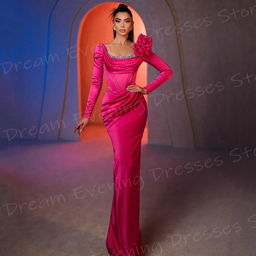 Classic Mermaid Elegant Women's Evening Dresses Modern Square Collar Long Sleeve Prom Gowns Beaded Formal Party Vestido De Noche