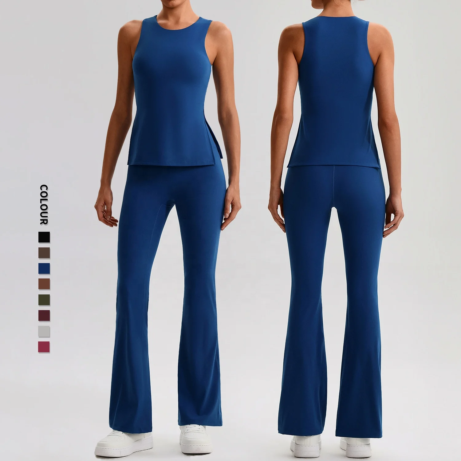 SHINBENE Hi Cloud 2Pcs Outfits Workout Yoga Sports Tracksuits Padded Tank Top High Waist Flared Pant Sets