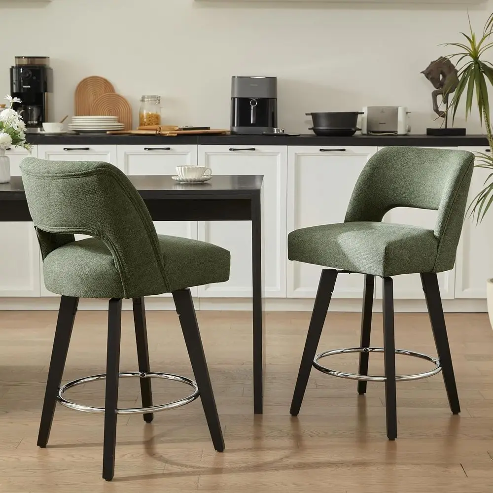 

Set of 2 Green Upholstered Swivel Bar Stools with Rubberwood Legs for Counter Height, Suitable for Home Bar or Kitchen Island