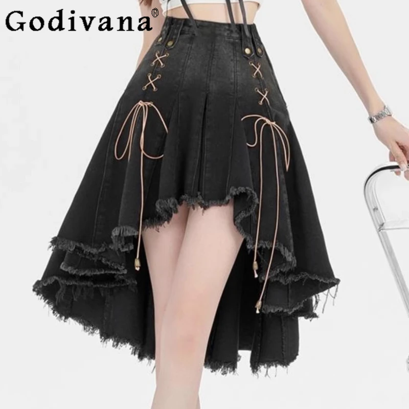 

2XL-6XL Plus Size Retro Black Irregular Gradient Denim Skirt Girls Spring Summer New High Waist Ruffles A-line Korean Skirts